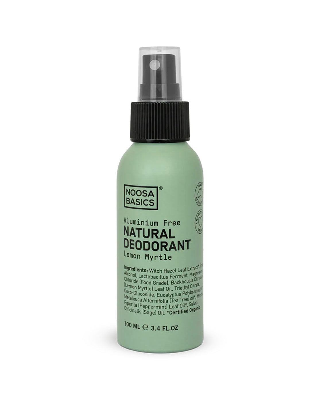 Noosa Basics natural deodorant spray in Lemon Myrtle scent, aluminum-free formula in metal bottle, 100ml