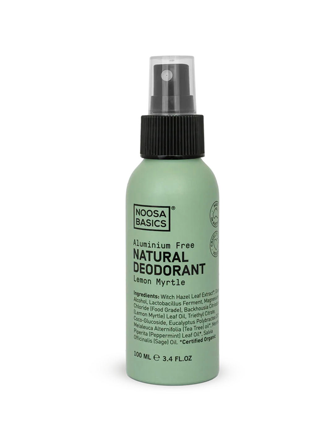 Noosa Basics natural deodorant spray in Lemon Myrtle scent, aluminum-free formula in metal bottle, 100ml