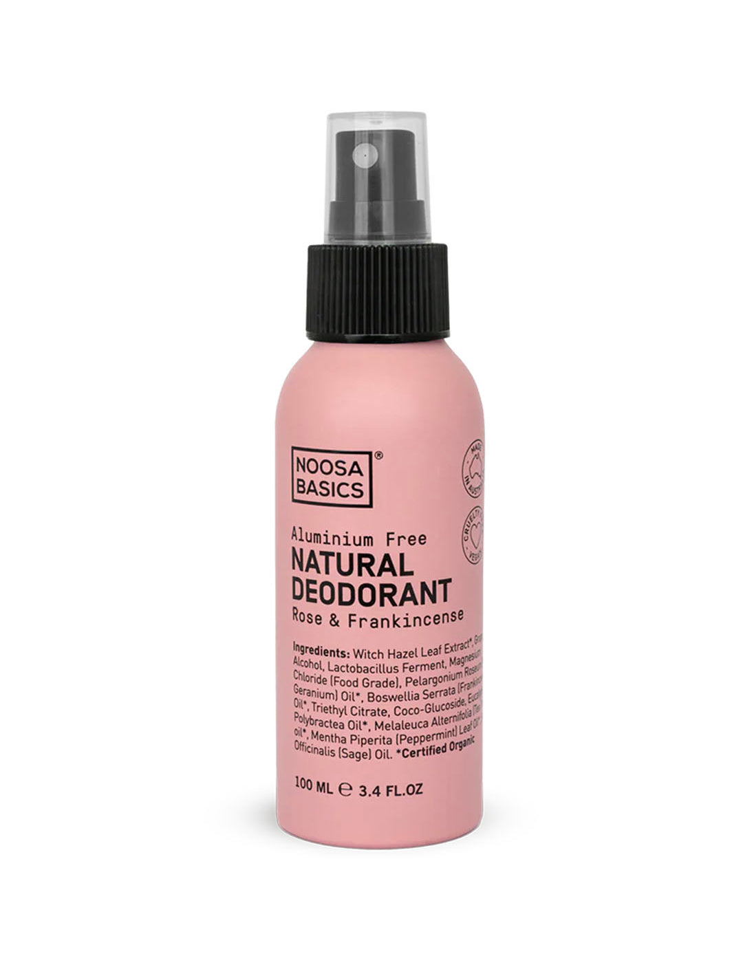 Noosa Basics natural deodorant spray in Rose & Frankincense scent, aluminum-free formula in metal bottle, 100ml