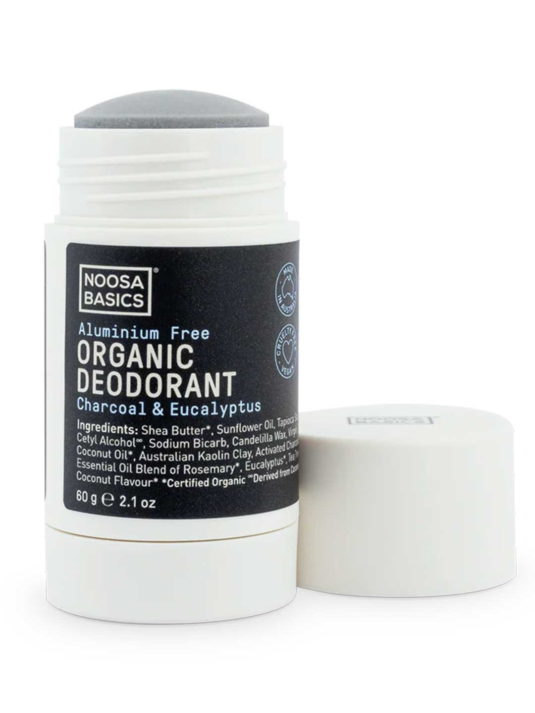 Noosa Basics Deodorant Stick Charcoal & Eucalyptus 60g natural aluminium-free deodorant with organic Shea Butter Tapioca Starch and Australian Kaolin Clay on a white background