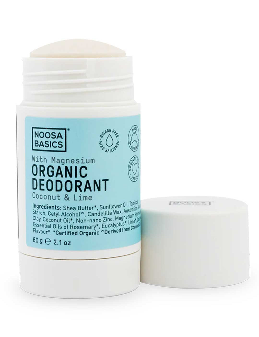 Noosa Basics natural deodorant stick in Coconut & Lime scent, bi-carb free formula for sensitive skin, 60g