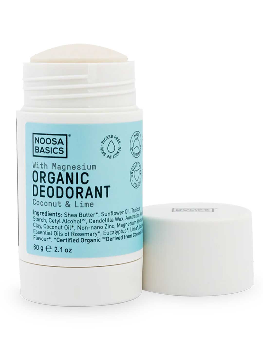 Noosa Basics natural deodorant stick in Coconut & Lime scent, bi-carb free formula for sensitive skin, 60g