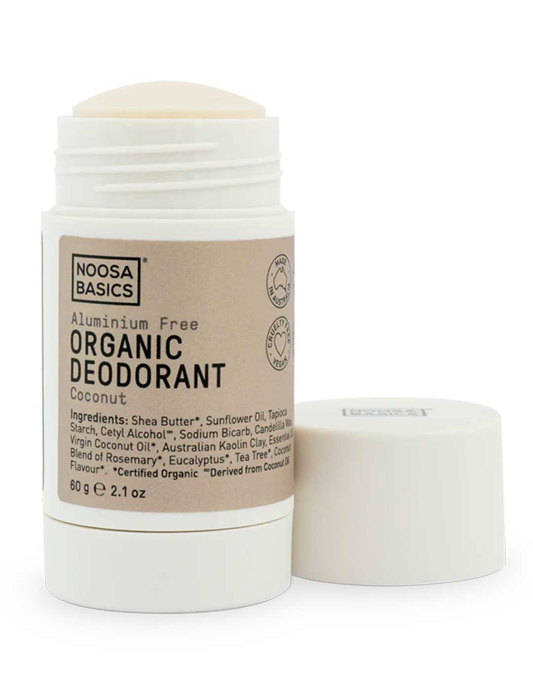 Noosa Basics Deodorant Stick Coconut 60g natural aluminium-free deodorant with organic Shea Butter Tapioca Starch and Australian Kaolin Clay on a white background