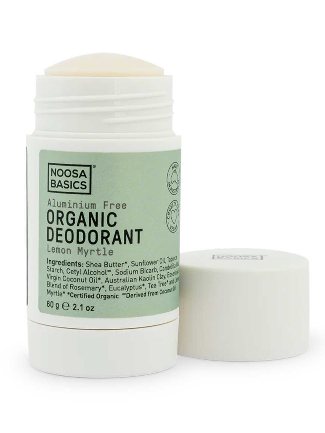 Noosa Basics Deodorant Stick Lemon Myrtle 60g natural aluminium-free deodorant with organic Shea Butter Tapioca Starch and Australian Kaolin Clay on a white background
