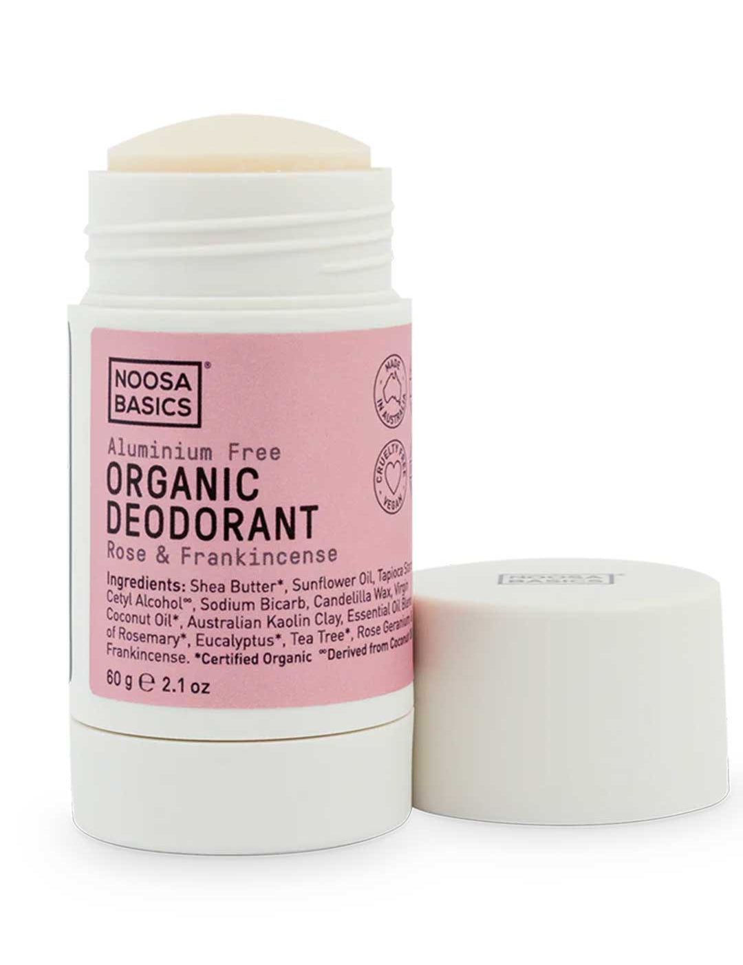 Noosa Basics Deodorant Stick Rose & Frankincense 60g natural aluminium-free deodorant with organic Shea Butter Tapioca Starch and Australian Kaolin Clay on a white background