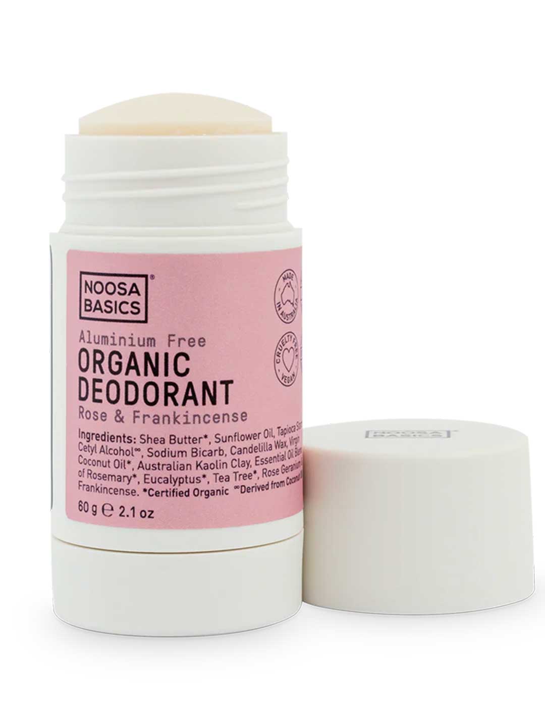 Noosa Basics Deodorant Stick Rose & Frankincense 60g natural aluminium-free deodorant with organic Shea Butter Tapioca Starch and Australian Kaolin Clay on a white background