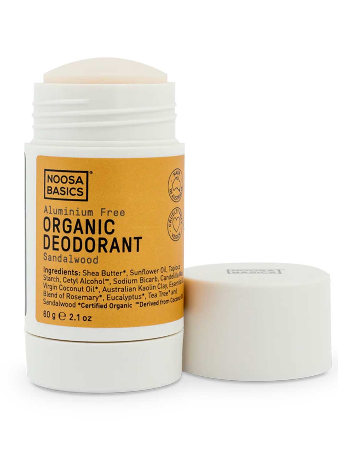 Noosa Basics Deodorant Stick Sandalwood 60g natural aluminium-free deodorant with organic Shea Butter Tapioca Starch and Australian Kaolin Clay on a white backgroun