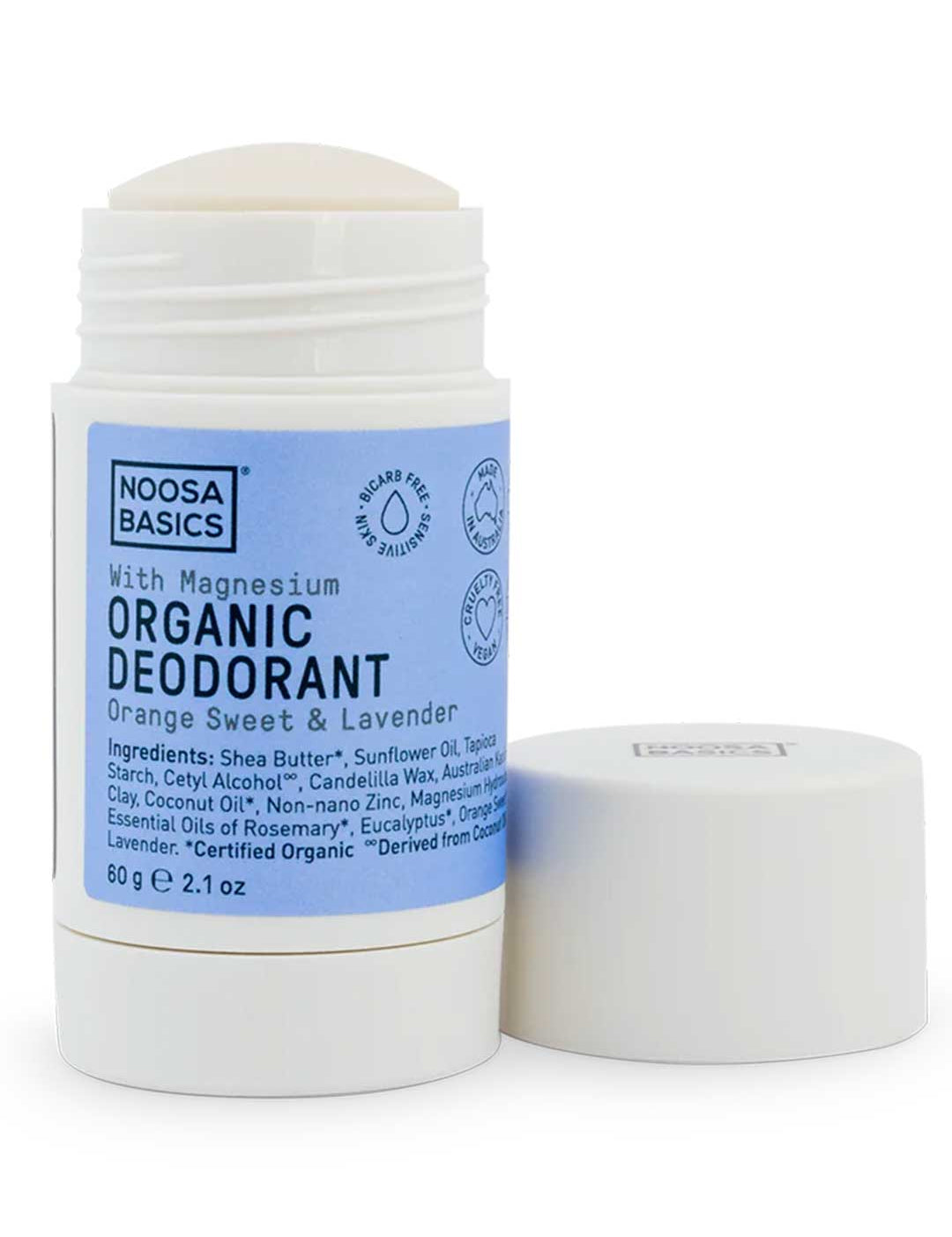 Noosa Basics natural deodorant stick in Sweet Orange & Lavender scent, bi-carb free formula for sensitive skin, 60g
