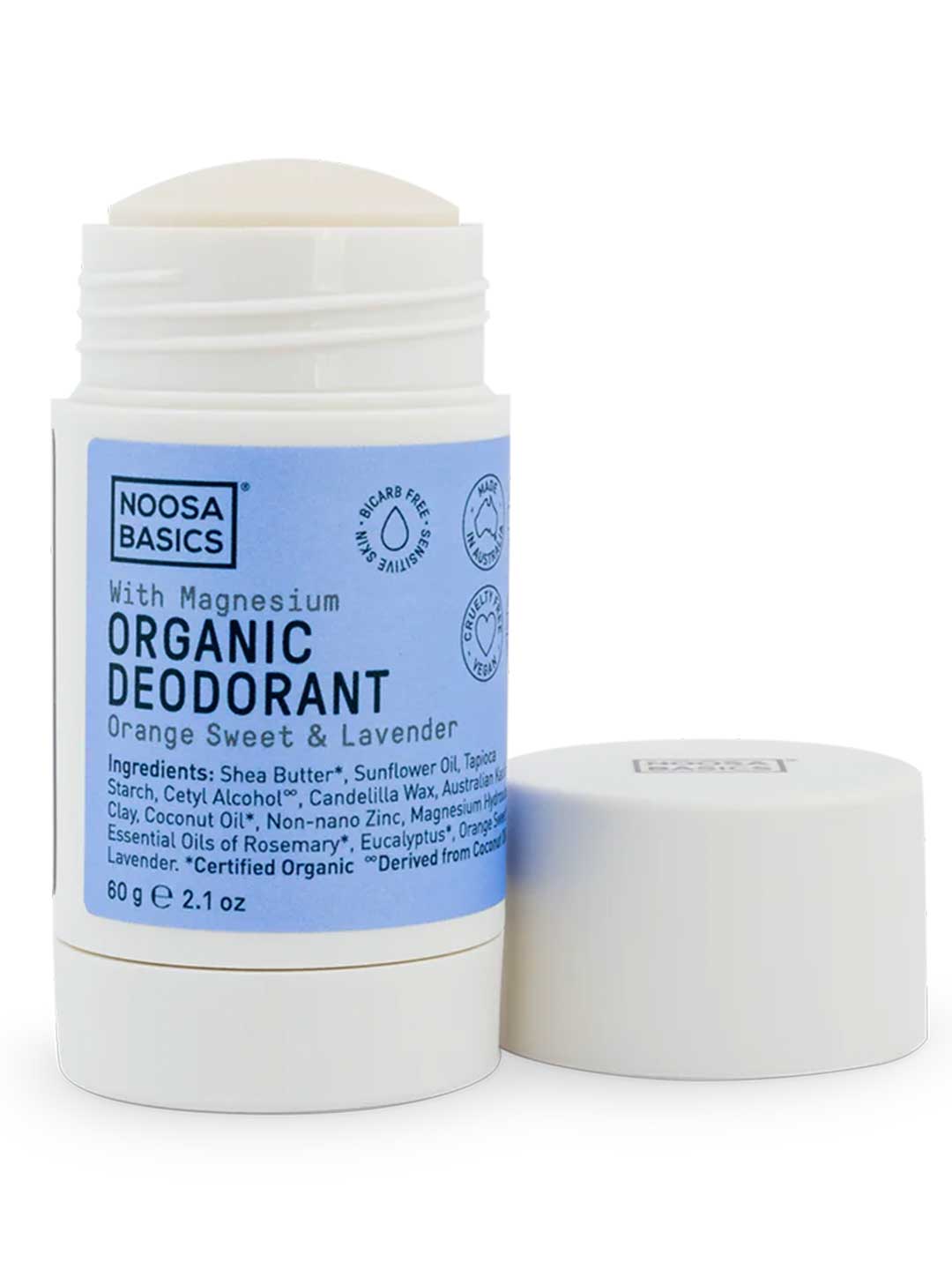 Noosa Basics natural deodorant stick in Sweet Orange & Lavender scent, bi-carb free formula for sensitive skin, 60g