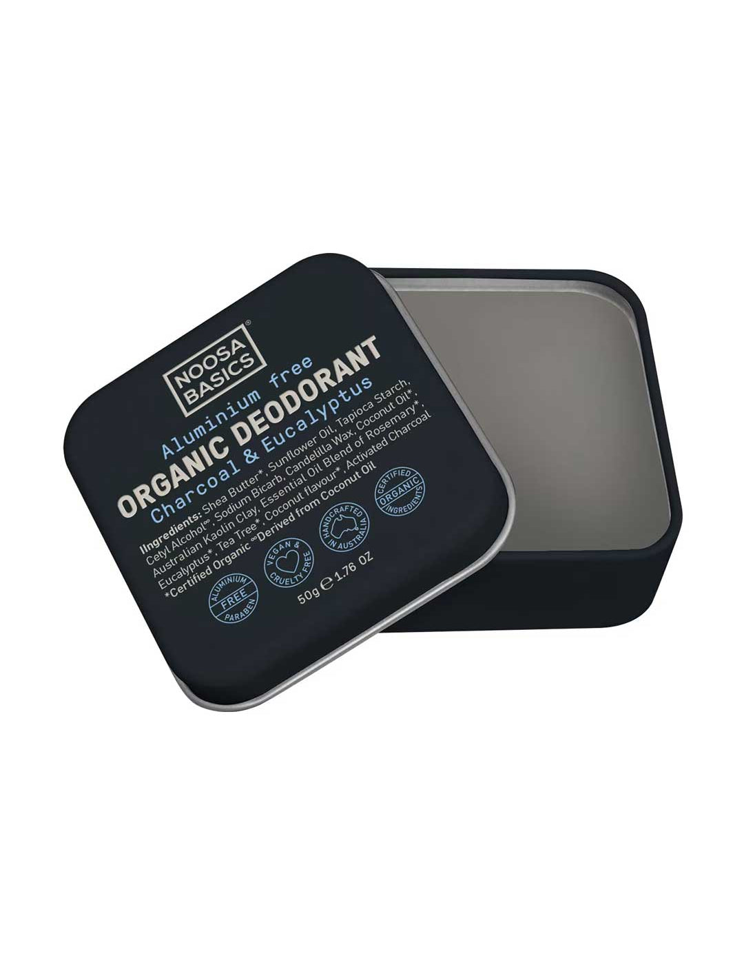 Noosa Basics natural deodorant tin in Charcoal & Eucalyptus scent, aluminum-free formula, 50g