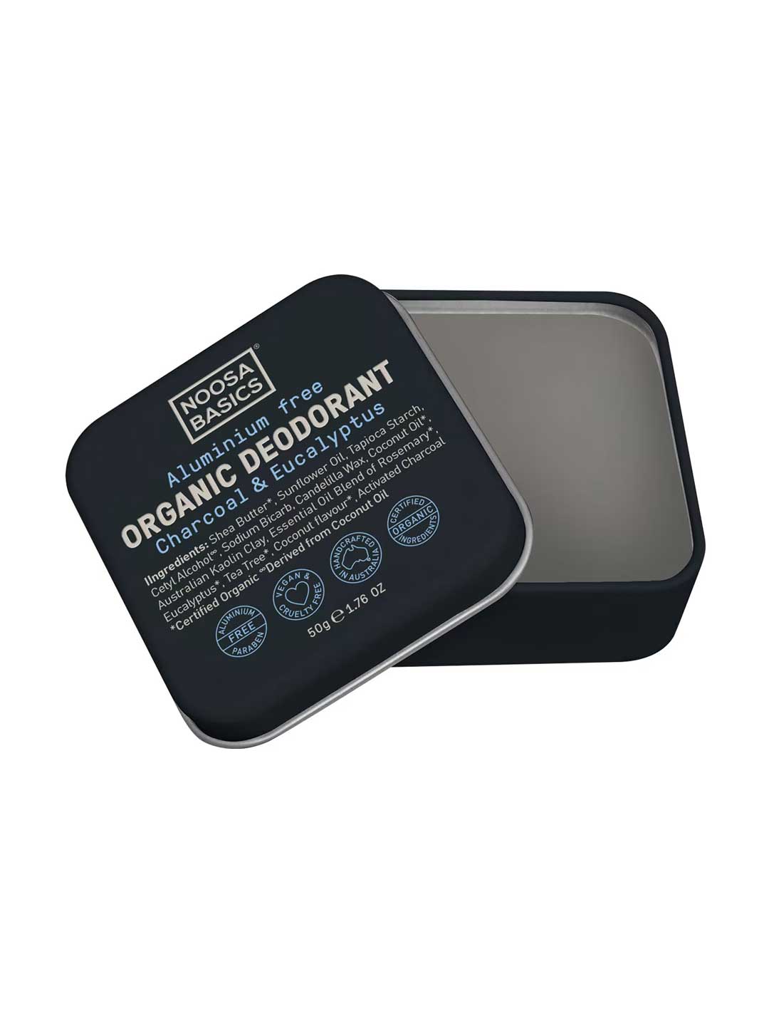 Noosa Basics natural deodorant tin in Charcoal & Eucalyptus scent, aluminum-free formula, 50g