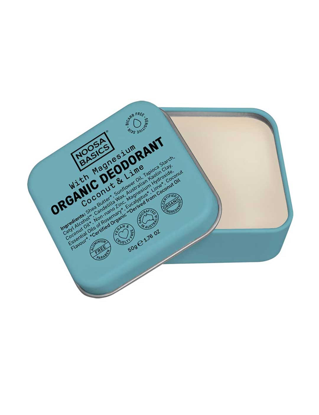 Noosa Basics natural deodorant tin in Coconut & Lime scent, bi-carb free formula for sensitive skin, 50g