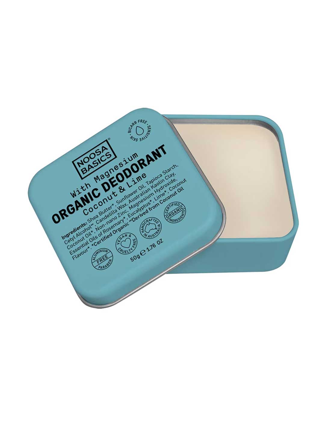 Noosa Basics natural deodorant tin in Coconut & Lime scent, bi-carb free formula for sensitive skin, 50g