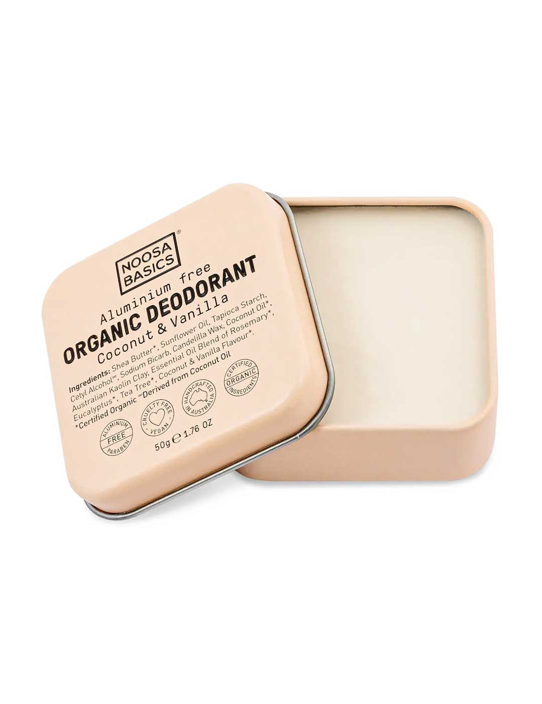 Noosa Basics natural deodorant tin in Coconut & Vanilla scent, aluminum-free formula, 50g

