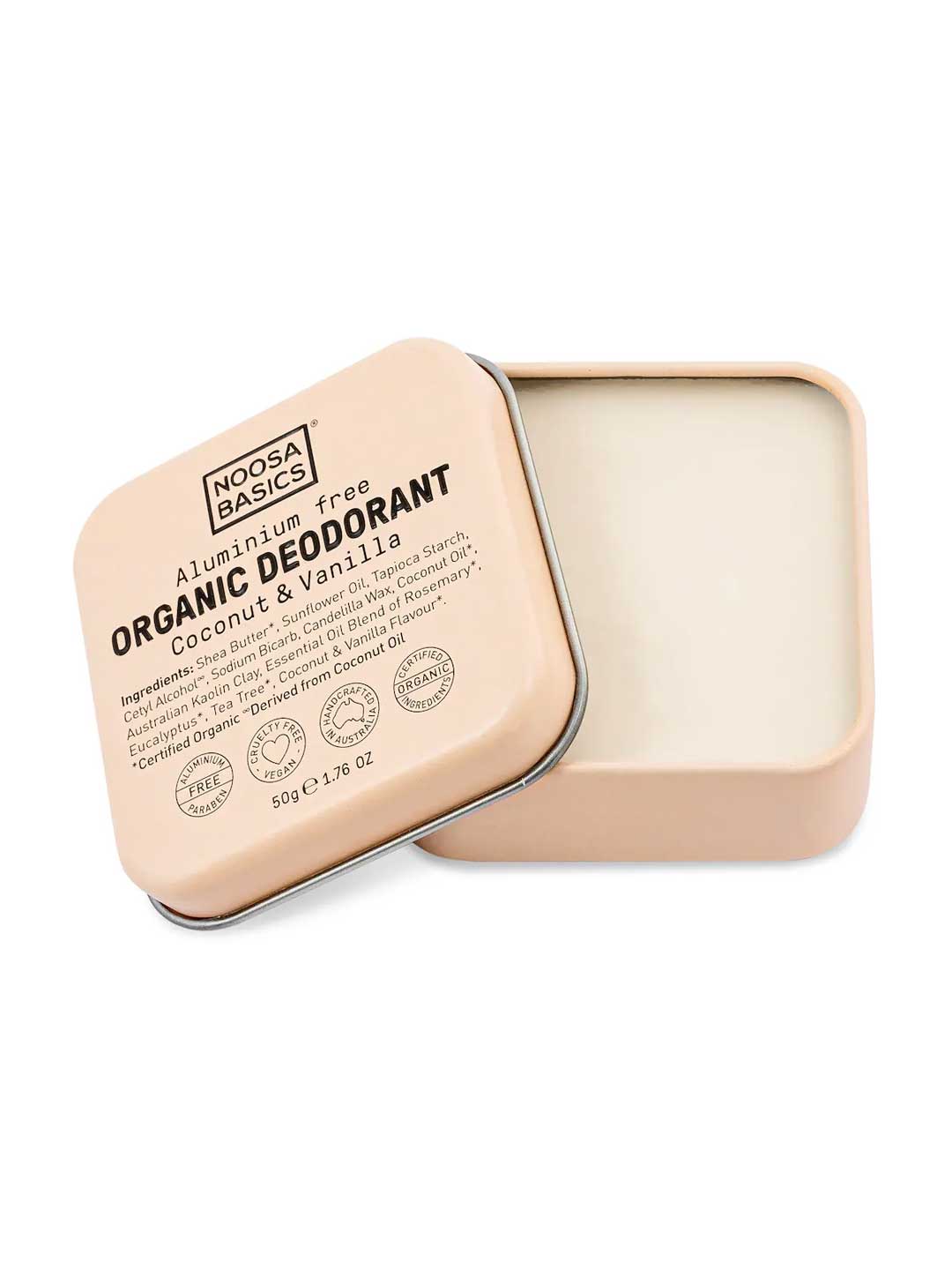 Noosa Basics natural deodorant tin in Coconut & Vanilla scent, aluminum-free formula, 50g

