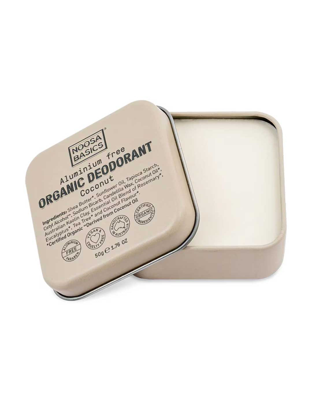 Noosa Basics natural deodorant tin in Coconut scent, aluminum-free formula, 50g