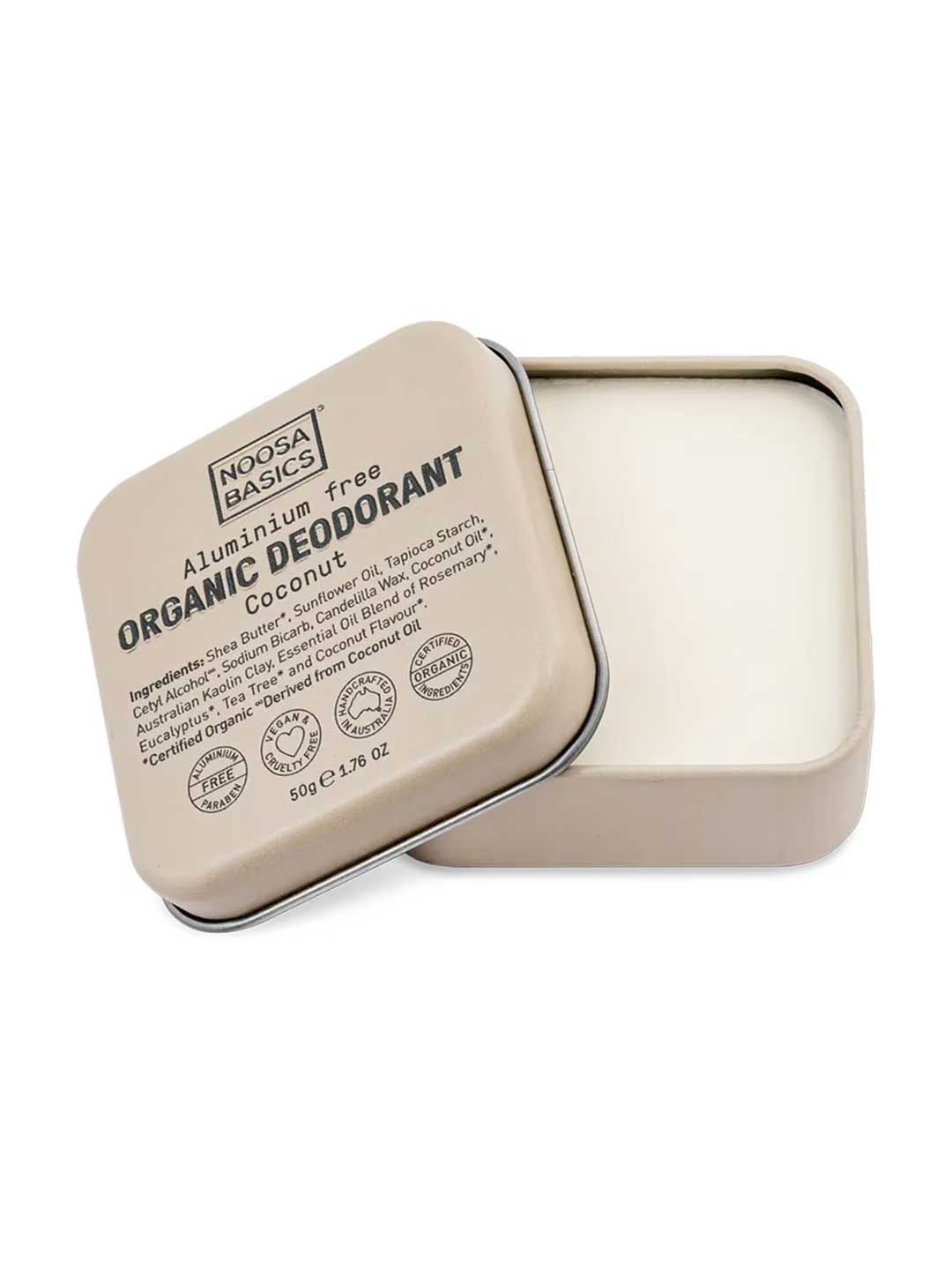 Noosa Basics natural deodorant tin in Coconut scent, aluminum-free formula, 50g