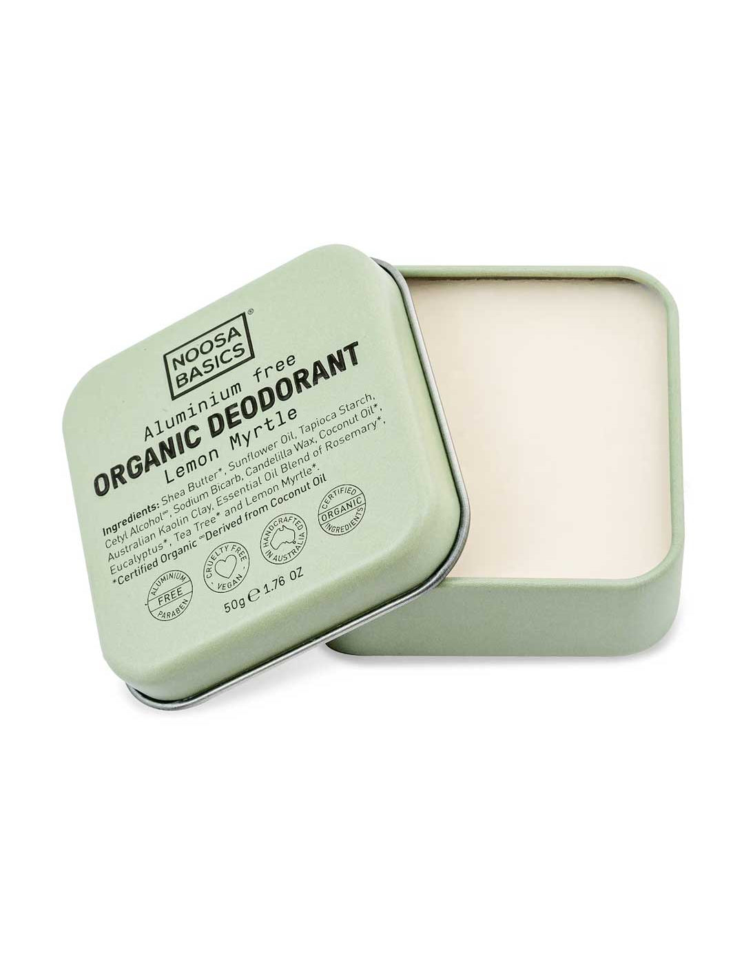 Noosa Basics natural deodorant tin in Lemon Myrtle scent, aluminum-free formula, 50g