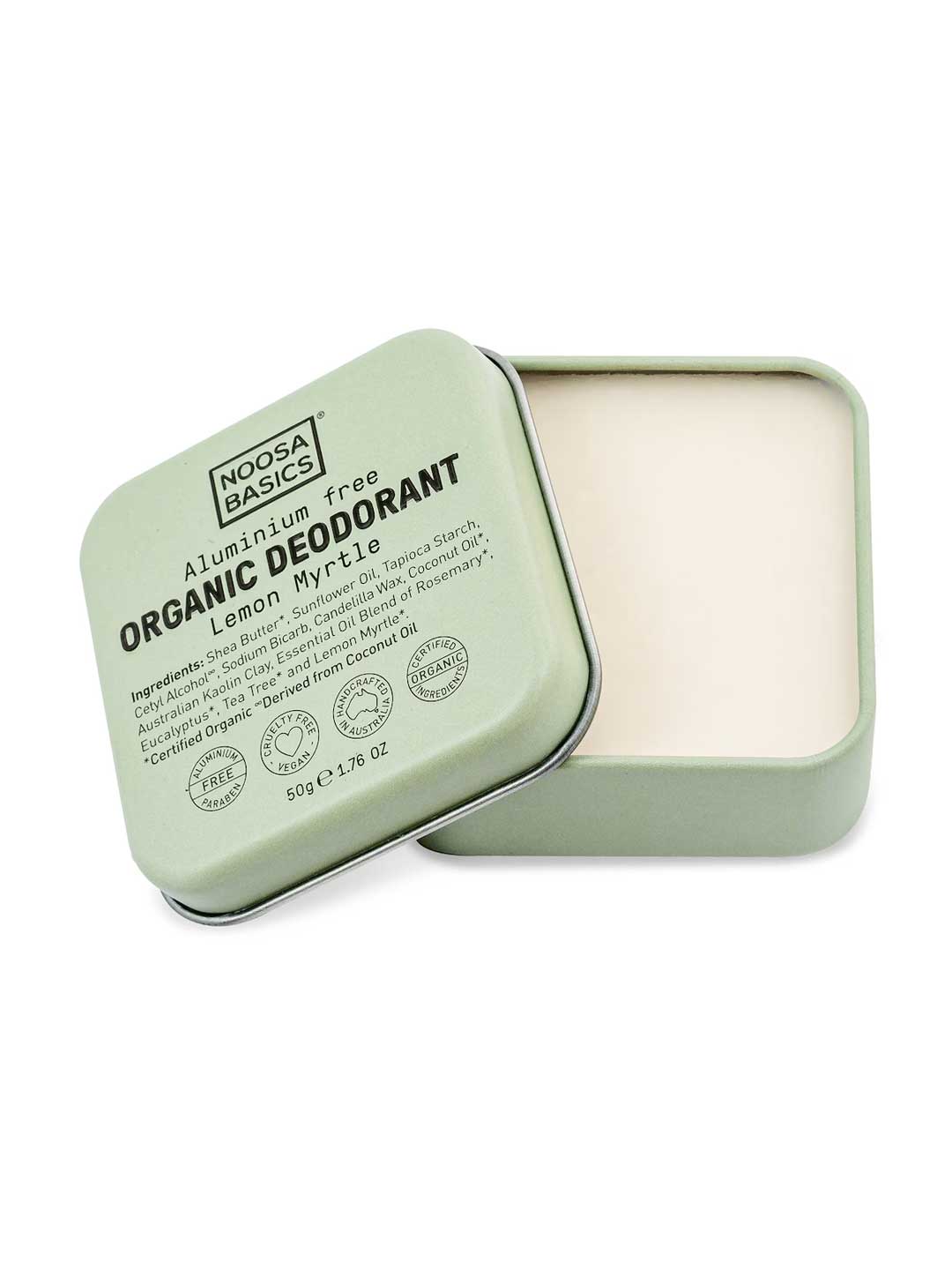 Noosa Basics natural deodorant tin in Lemon Myrtle scent, aluminum-free formula, 50g