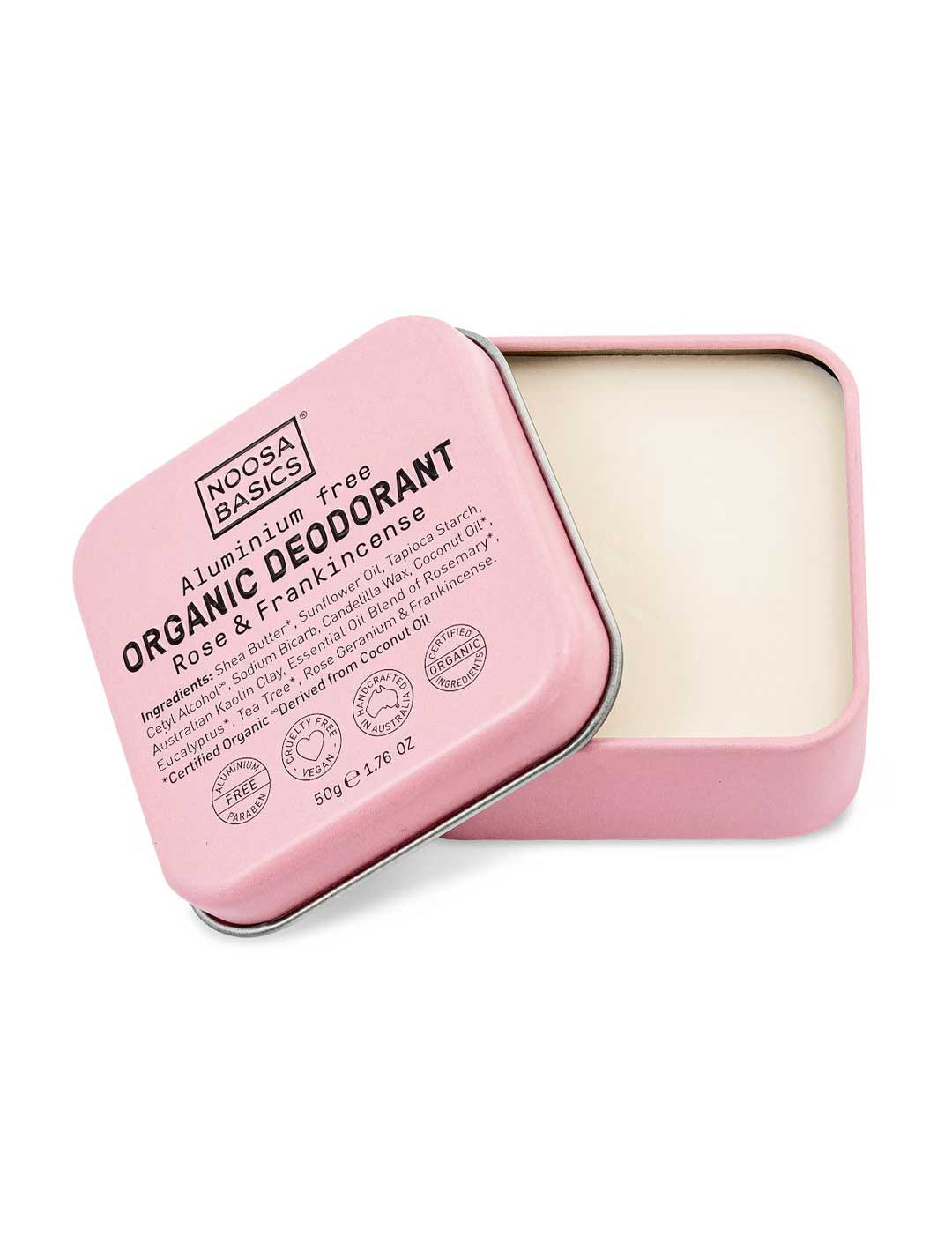 Noosa Basics natural deodorant tin in Rose & Frankincense scent, aluminum-free formula, 50g

