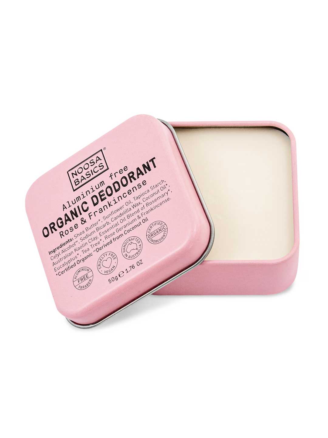 Noosa Basics natural deodorant tin in Rose & Frankincense scent, aluminum-free formula, 50g

