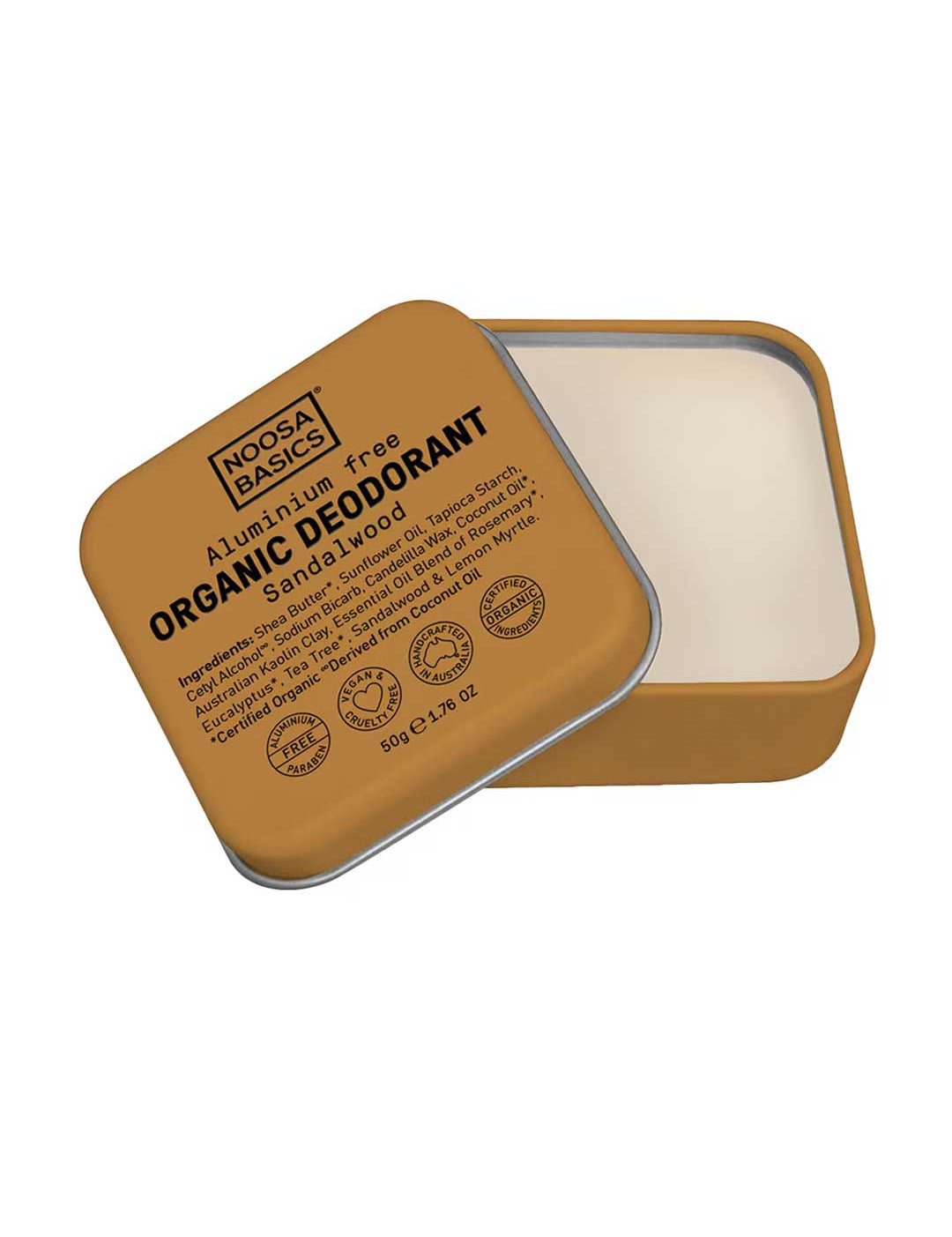 Noosa Basics natural deodorant tin in Sandalwood scent, aluminum-free formula, 50g