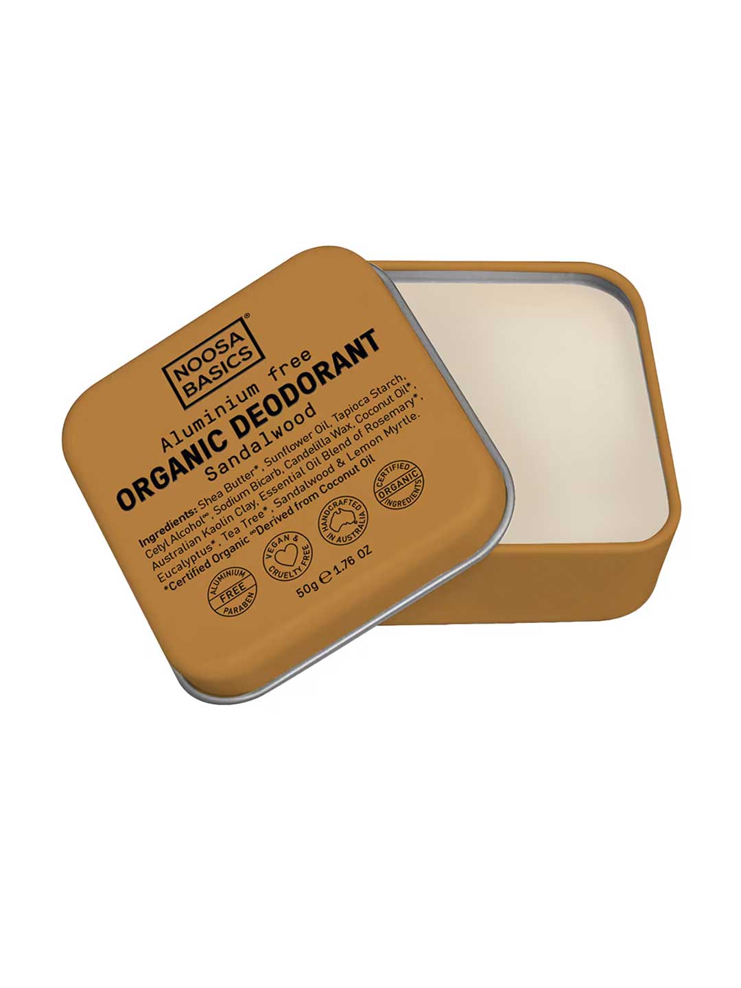Noosa Basics natural deodorant tin in Sandalwood scent, aluminum-free formula, 50g
