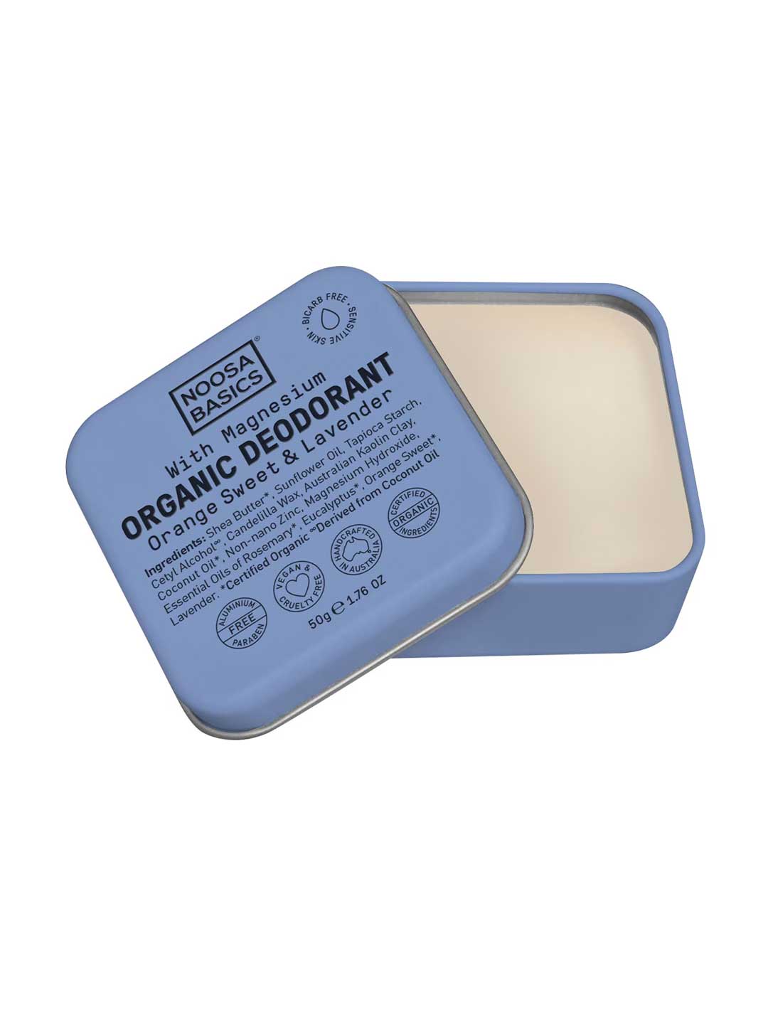 Noosa Basics natural deodorant tin in Sweet Orange & Lavender scent, bi-carb free formula for sensitive skin, 50g