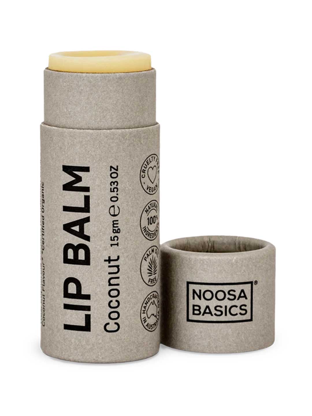 Noosa Basics Lip Balm - Coconut 15g, natural vegan lip balm in a paper tube