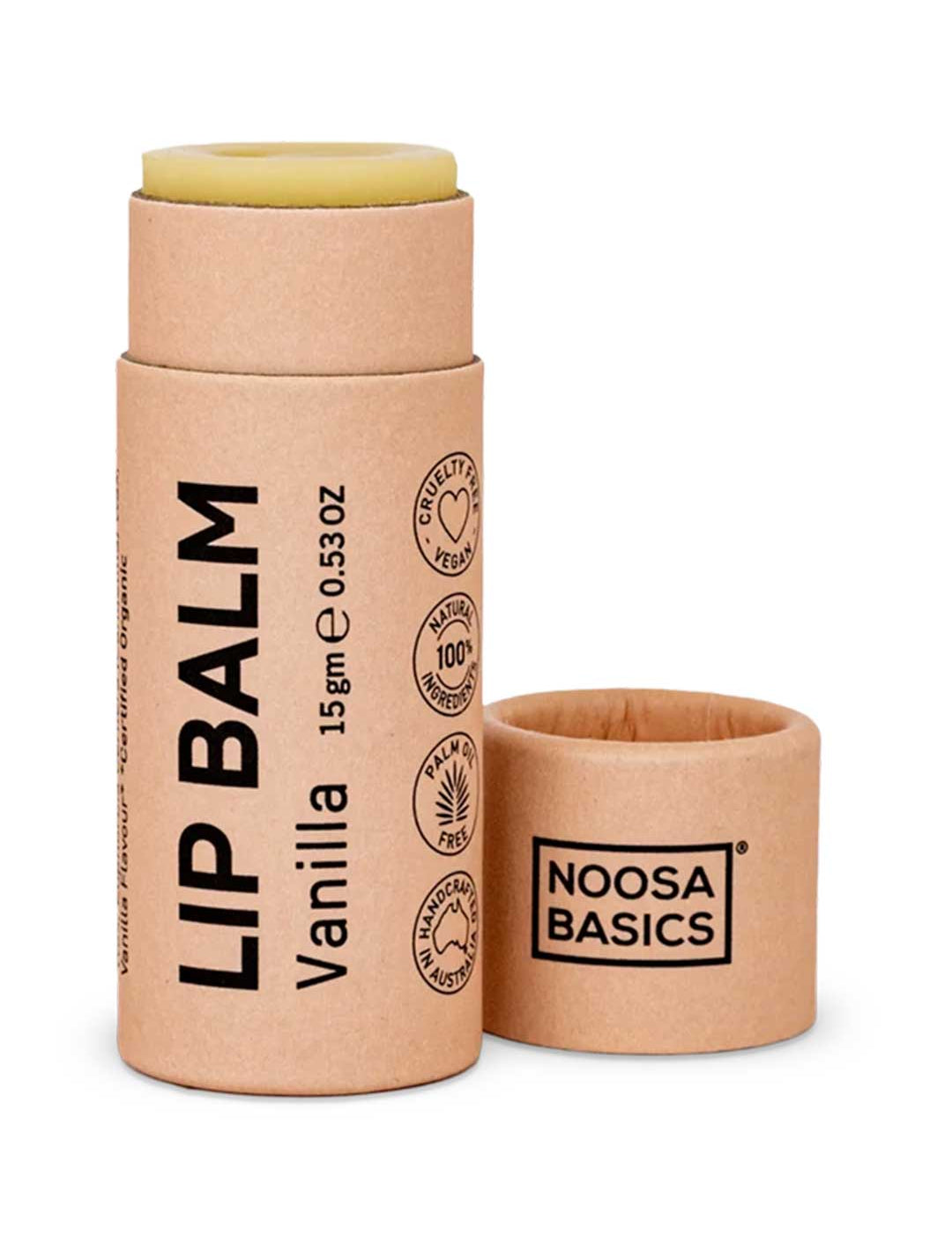 Noosa Basics Lip Balm - Vanilla 15g, natural vegan lip balm in a paper tube