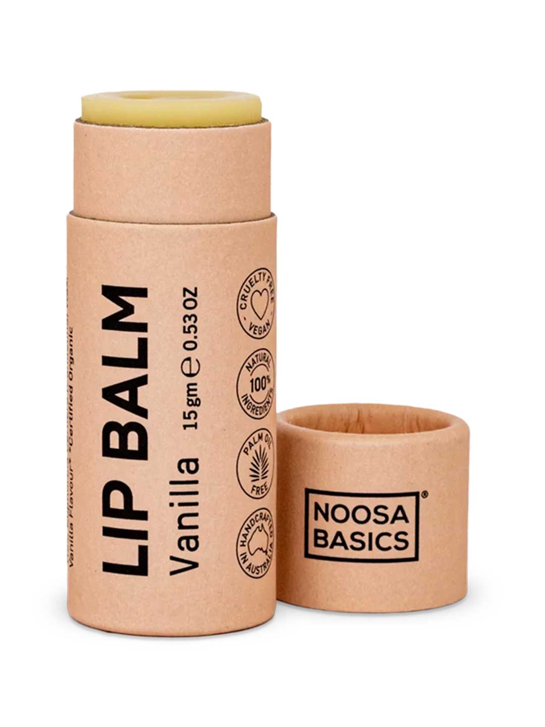 Noosa Basics Lip Balm - Vanilla 15g, natural vegan lip balm in a paper tube