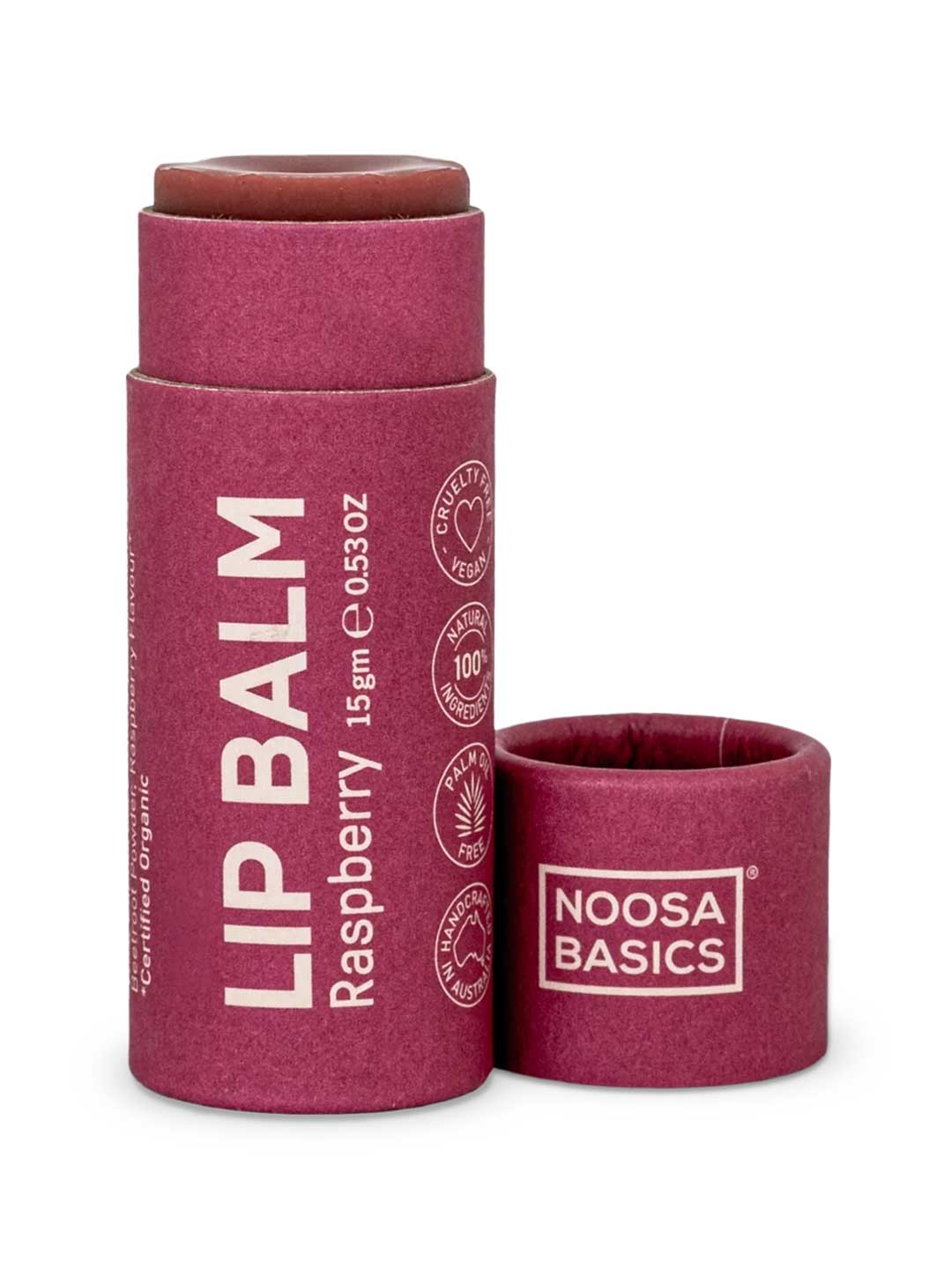 Noosa Basics Lip Balm - Raspberry 15g, natural vegan lip balm in a paper tube