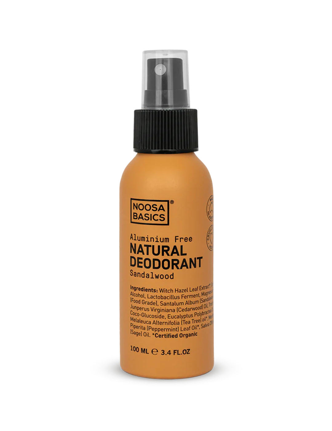 Noosa Basics natural deodorant spray in Sandalwood scent, aluminum-free formula in metal bottle, 100ml