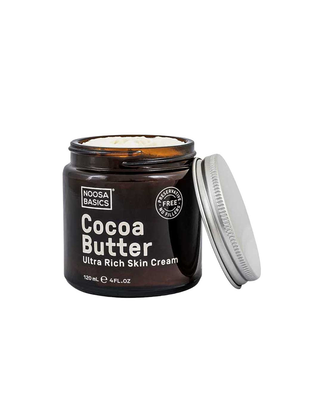 A jar of Noosa Basics Ultra Rich Skin Cream - Cocoa Butter 120ml with the lid off shows the rich cream inside; the dark brown jar with white text offers deep hydration in a 120 ml (4 fl oz) size.