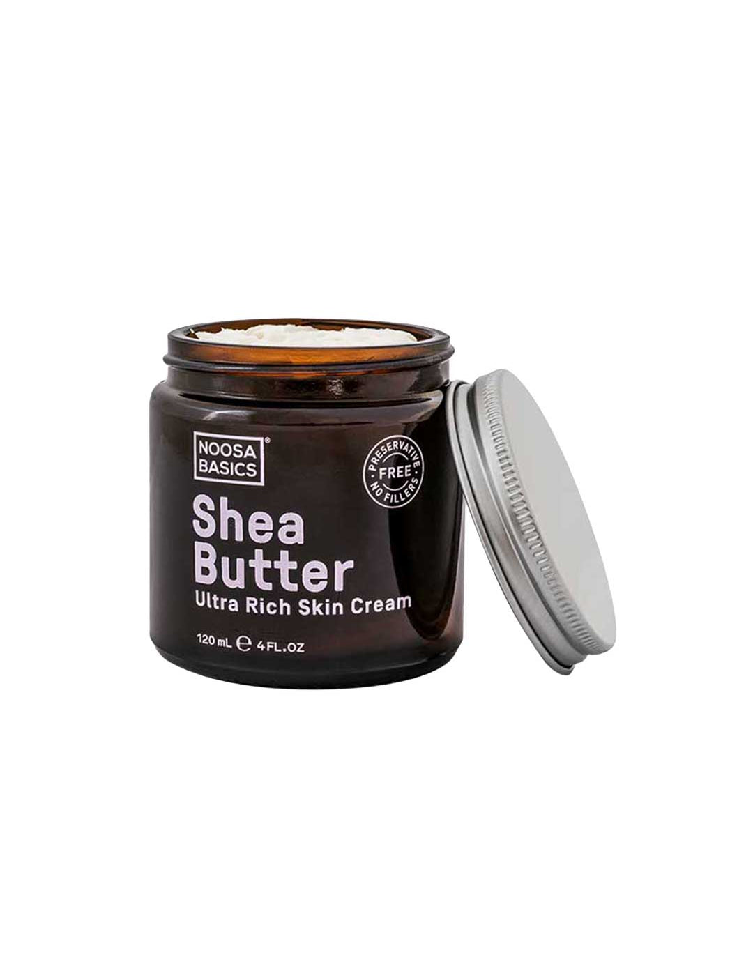 A brown jar of Noosa Basics Ultra Rich Skin Cream - Shea Butter 120ml with a silver lid beside it. The label highlights its preservative-free formula, deep hydration benefits, and 120 mL (4 FL OZ) size of natural skin cream.