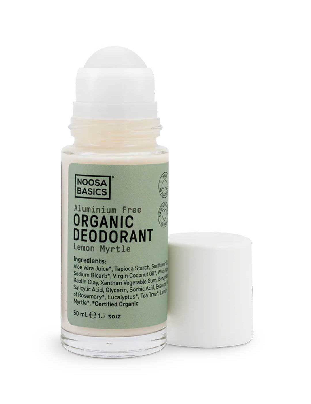 Noosa Basics natural deodorant roll-on in Lemon Myrtle scent, aluminum-free formula, 50ml