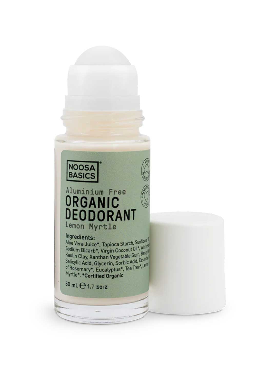 Noosa Basics natural deodorant roll-on in Lemon Myrtle scent, aluminum-free formula, 50ml