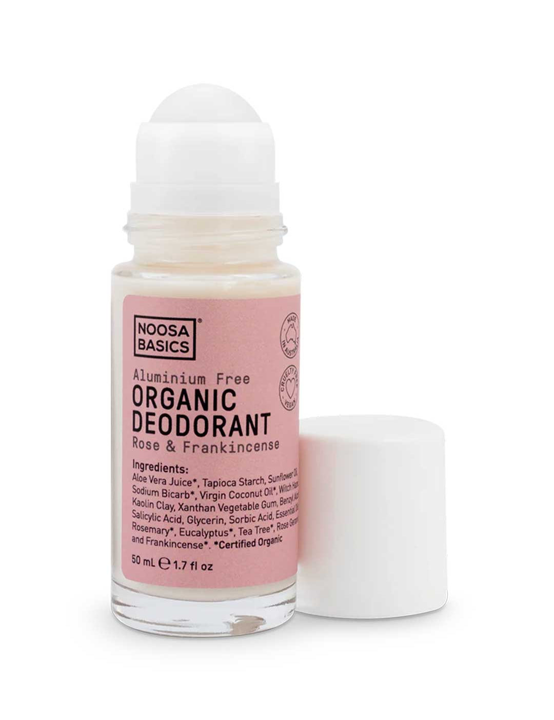 Noosa Basics natural deodorant roll-on in Rose & Frankincense scent, aluminum-free formula, 50ml