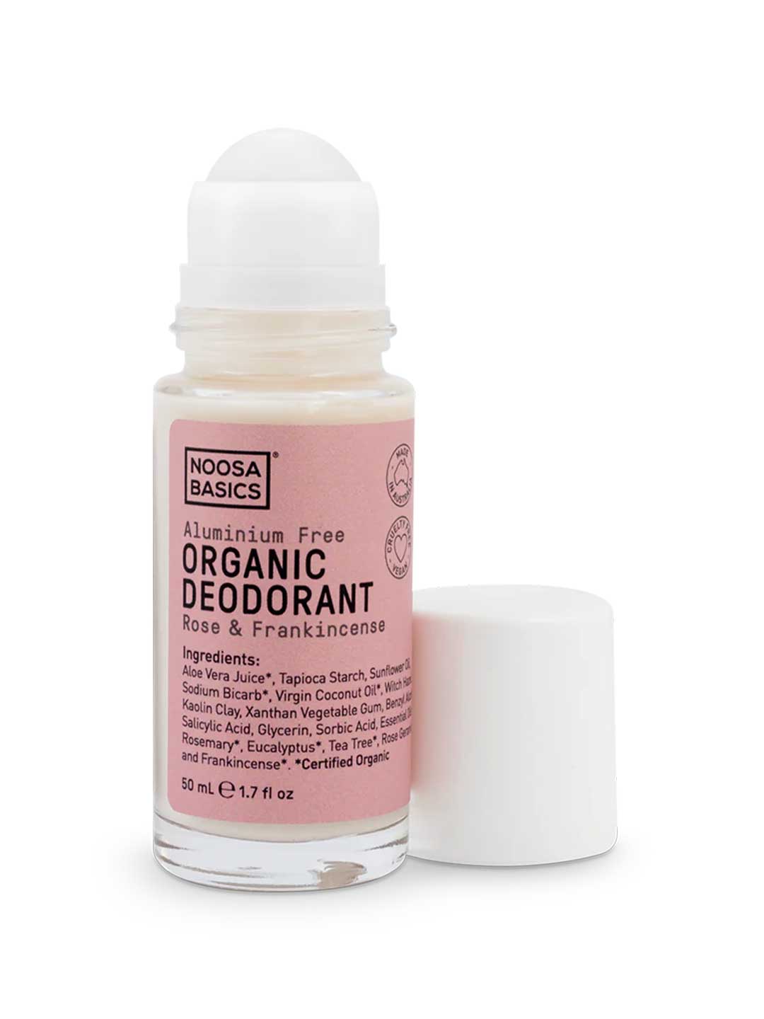 Noosa Basics natural deodorant roll-on in Rose & Frankincense scent, aluminum-free formula, 50ml