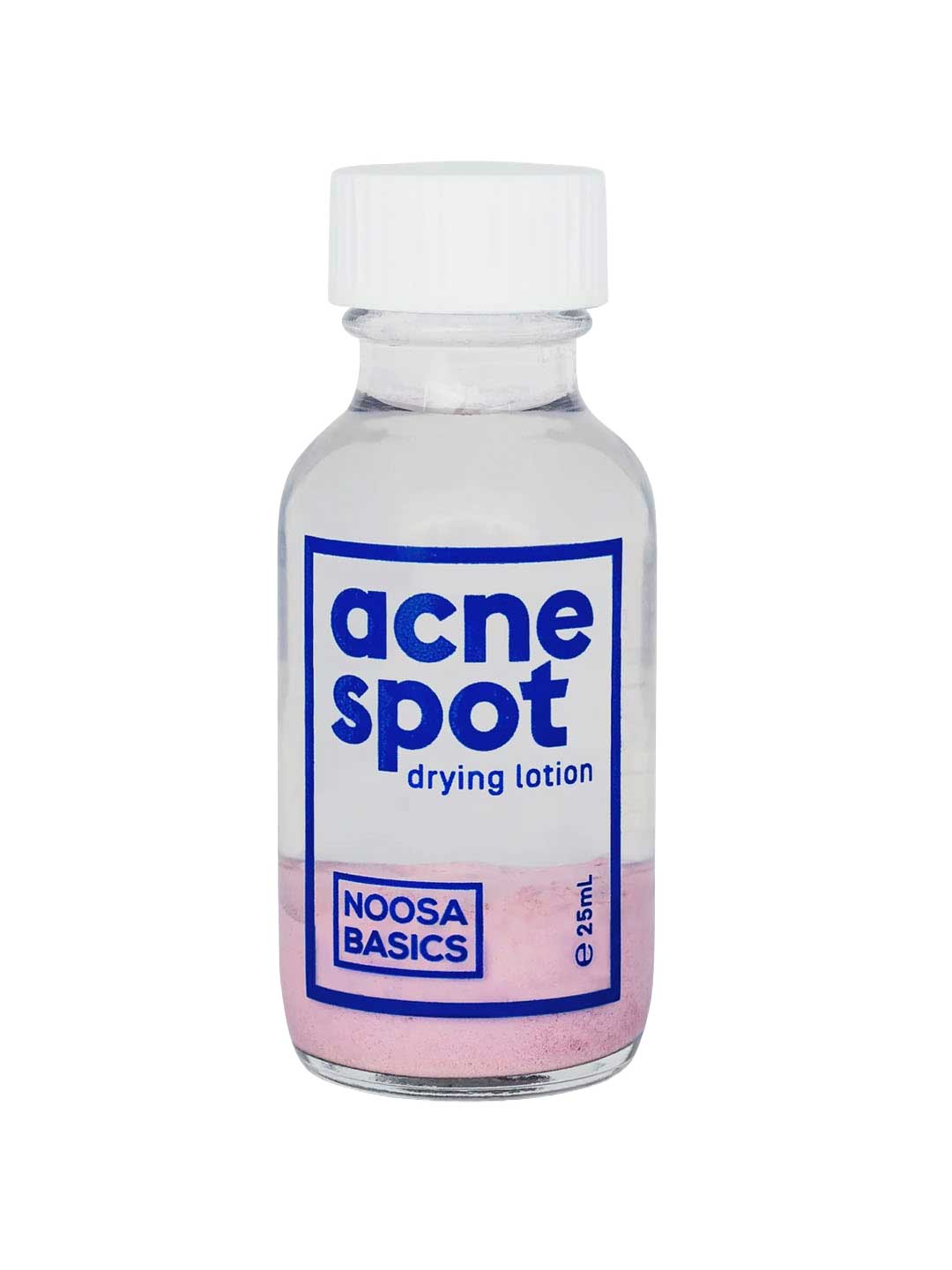 Noosa Basics Acne Spot Drying Lotion is a clear glass bottle with pink sediment, white liquid, a white cap, and a blue-and-white label—an effective natural spot treatment made with plant-derived ingredients.