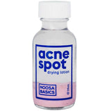 Noosa Basics Acne Spot Drying Lotion is a clear glass bottle with pink sediment, white liquid, a white cap, and a blue-and-white label—an effective natural spot treatment made with plant-derived ingredients.