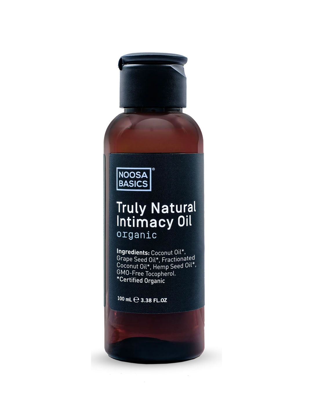 Noosa Basics Truly Natural Intimacy Oil 100ml comes in a brown plastic bottle with a black flip-top cap. This organic wellness oil, made with coconut, grape seed & hemp seed oils, is perfect for personal care and intimate use (3.38 fl oz).