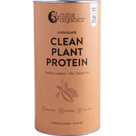 A cylindrical container of Nutra Naturals Clean Plant Protein Creamy Chocolate 500g features a tan label with black text and images of pea and cocoa pods. This vegan protein powder provides 16 servings per pack.