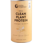 A cylindrical container of Nutra Naturals Clean Plant Protein Creamy Vanilla 500g features a yellow label with black text and a vanilla flower, highlighting this vegan, organic, low sugar plant protein powder.