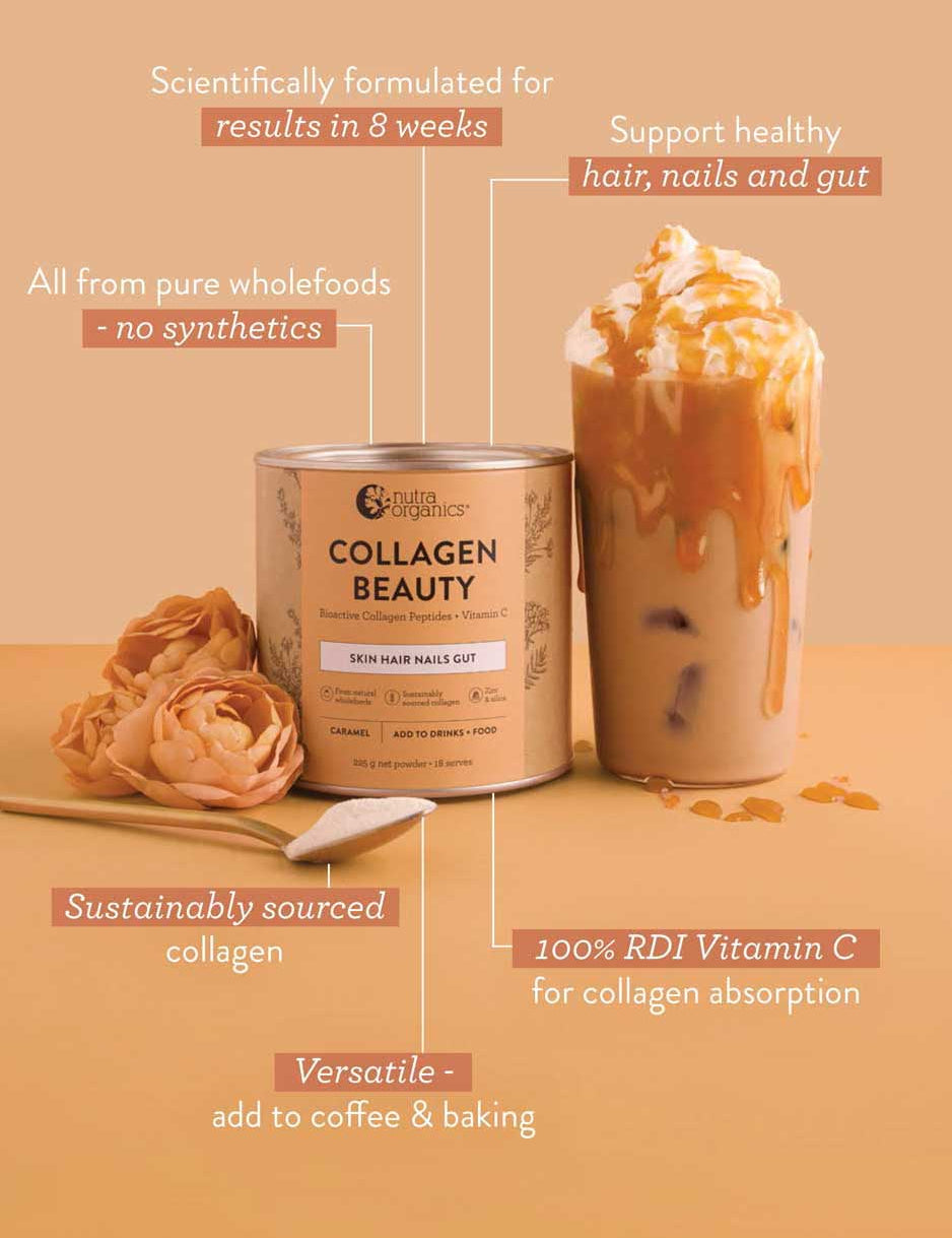 A can of Nutra Naturals Collagen Beauty Caramel 225g sits beside an iced coffee topped with cream and caramel, surrounded by roses, with text highlighting bioactive collagen peptides and skin hydration on a peach background.