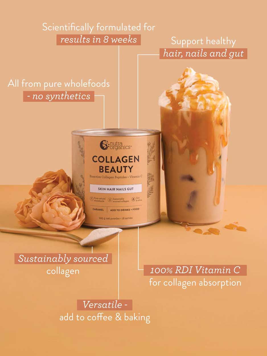 A can of Nutra Naturals Collagen Beauty Caramel 225g sits beside an iced coffee topped with cream and caramel, surrounded by roses, with text highlighting bioactive collagen peptides and skin hydration on a peach background.