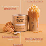 A can of Nutra Naturals Collagen Beauty Caramel 225g sits beside an iced coffee topped with cream and caramel, surrounded by roses, with text highlighting bioactive collagen peptides and skin hydration on a peach background.