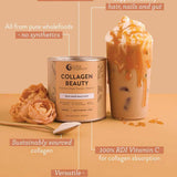 A can of Nutra Naturals Collagen Beauty Caramel 225g sits beside an iced coffee topped with cream and caramel, surrounded by roses, with text highlighting bioactive collagen peptides and skin hydration on a peach background.