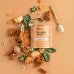 A container of Nutra Naturals Collagen Beauty Caramel 225g sits on a peach background, surrounded by orange roses, greenery, and caramel pieces. A gold spoon with white powder hints at enhanced skin hydration.