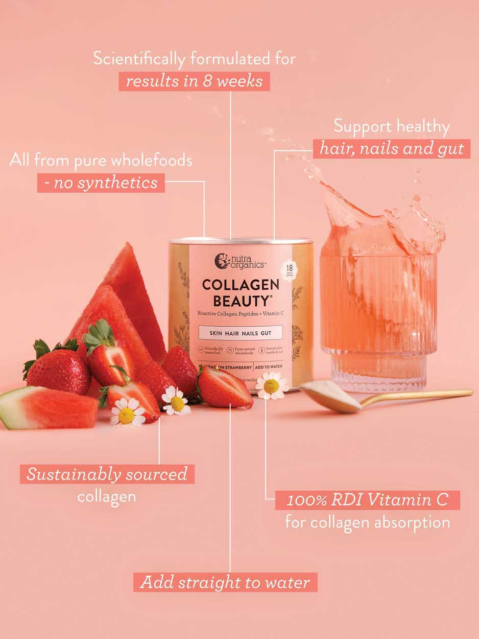 A container of Nutra Naturals Collagen Beauty Watermelon Strawberry 225g sits beside a glass of pink drink, a strawberry, and a gold spoon on a pink background, with labels highlighting its benefits and hydrolysed bovine collagen.